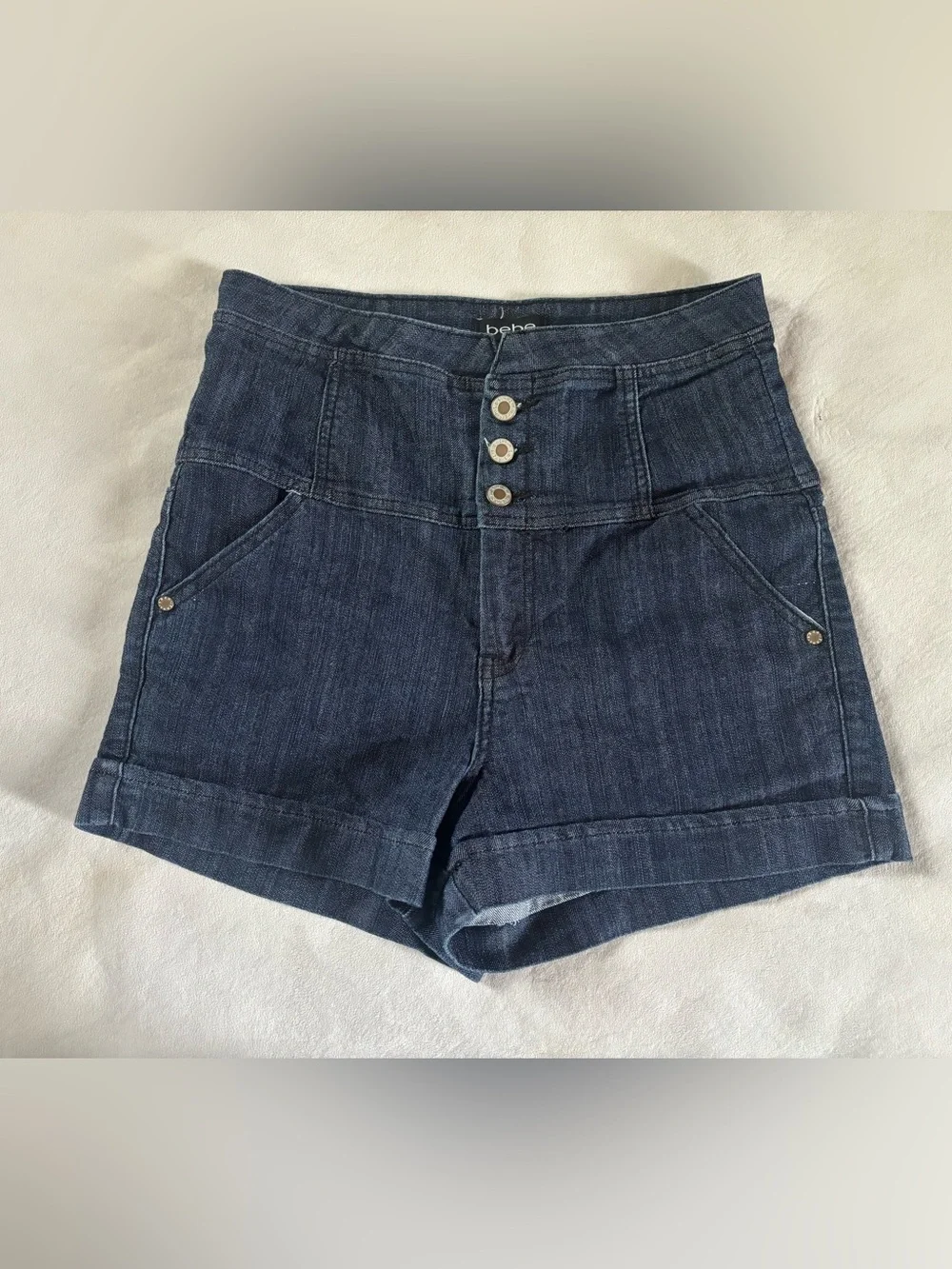 Bebe High Waisted Denim Shorts Size 9 Y2K Studded Logo Dark Wash Stretch